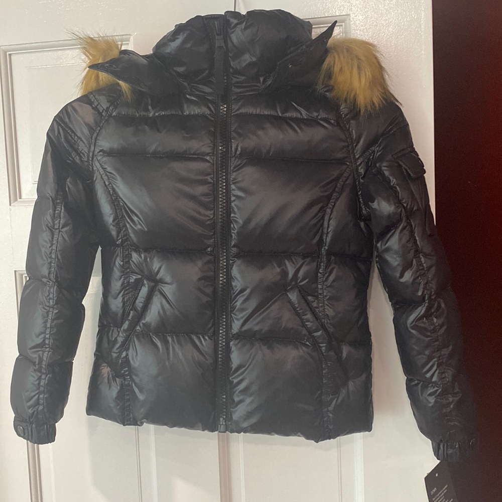 Black FAUX FUR MOGUL DOWN PUFFER WITH DETACHABLE HOOD